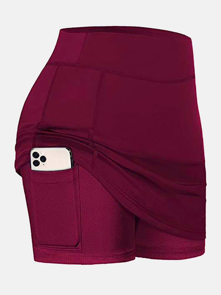 Women Solid Color Sports Shorts Compression Liner Breathable Tennis Skirt With Pocket