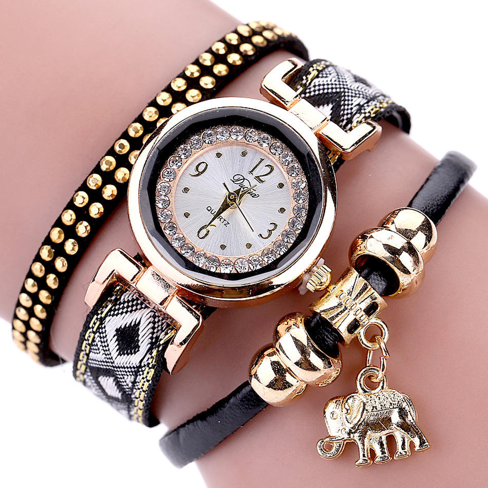

DUOYA XR1889 Модный золотой слон женские браслет часы кожаный ремешок кварцевые часы