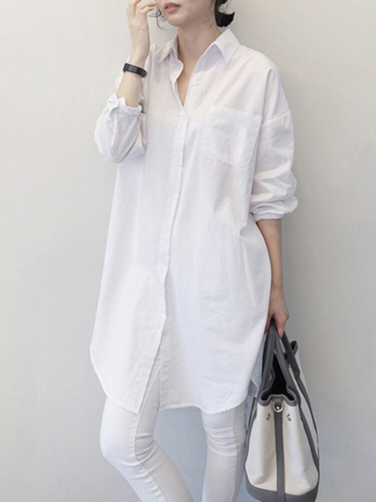 Women Pure Color Lapel Chest Pocket Loose Casual Long Sleeve Shirts