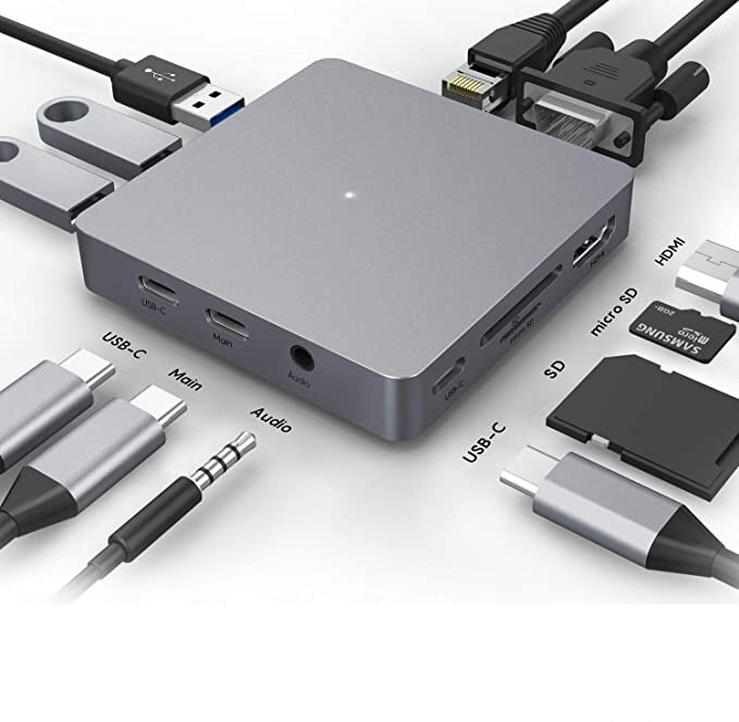Ronsen 11-in-1 USB-hub Type C naar 4K HDMI VGA-audio RJ45 SD TF USB 3.0 en USB-C-poorten Afneembare 