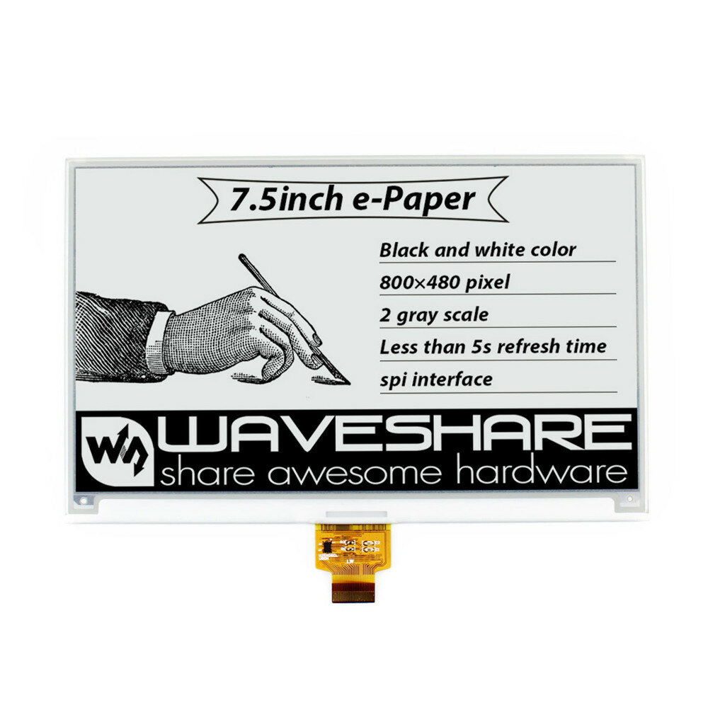 Waveshare? 7.5 Inch Ink Screen Bare Screen E-paper Display SPI Interface Black&White 800x480 Resolut