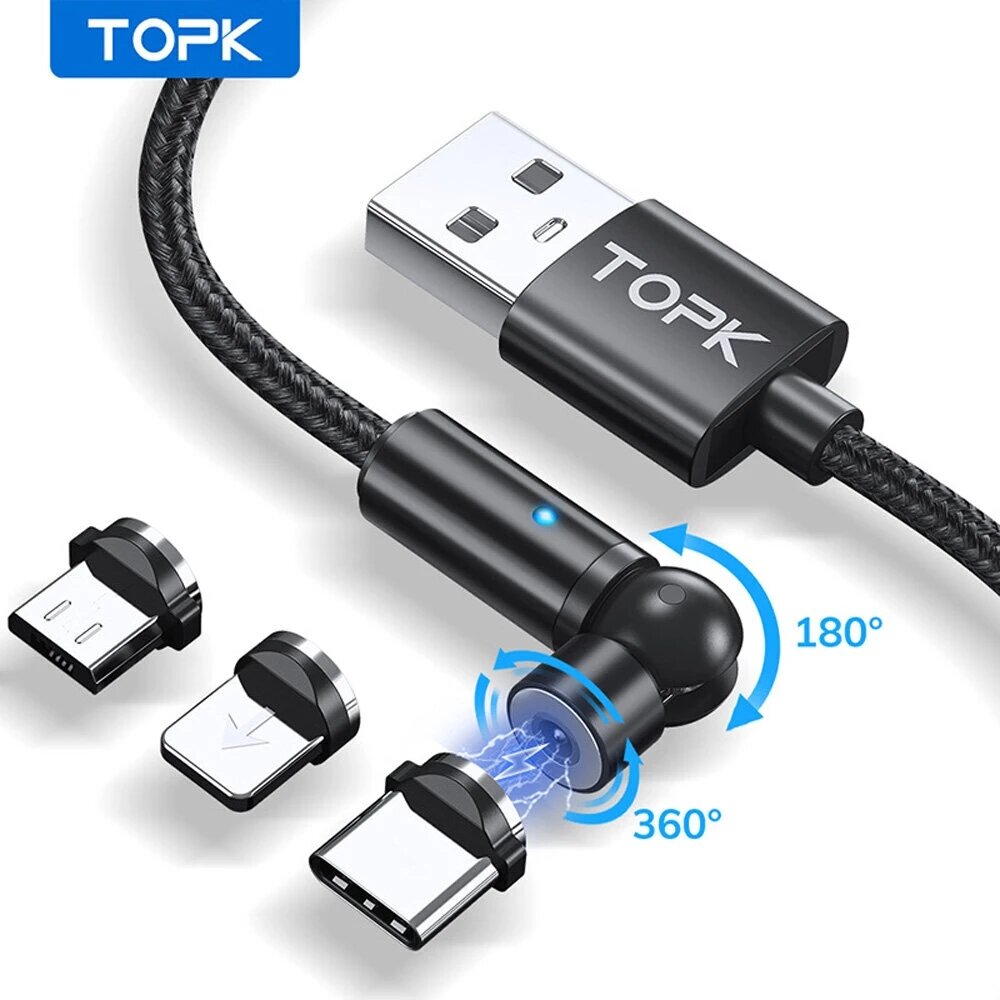 

[5Pcs Black] TOPK AM68 3 In 1 Magnetic Cable 540° Rotation Elbow LED Indicator Fast Charging Data Transmission Cord Line