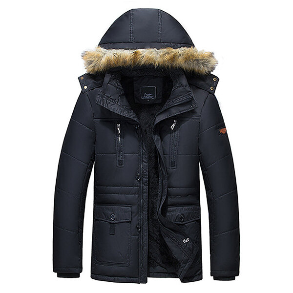 Men Winter Wark Thick Fleece Warm Furry Hooded Outdoor Jacket Parkas