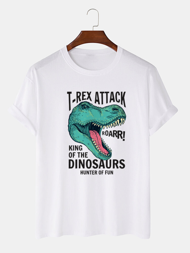 Mens Cartoon Dinosaur Letter Print O-Neck 100% Cotton Short Sleeve T-Shirts