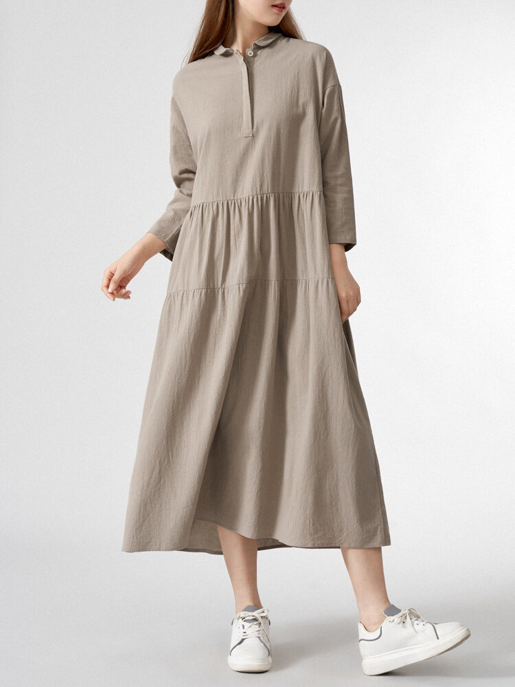 Losse vintage jurk met effen reversknoop voor dames