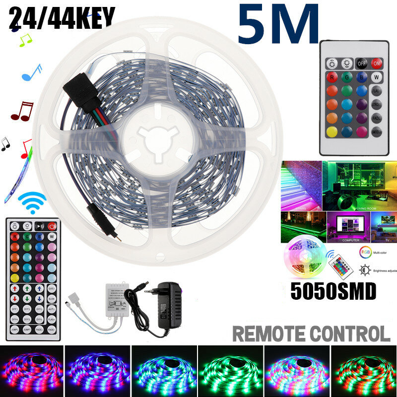 DC12V 5M 5050 SMD RGB LED Strip Light Non-waterproof TapeLamp + 24/44Key Remote Control Kit for Indoor Home Christmas