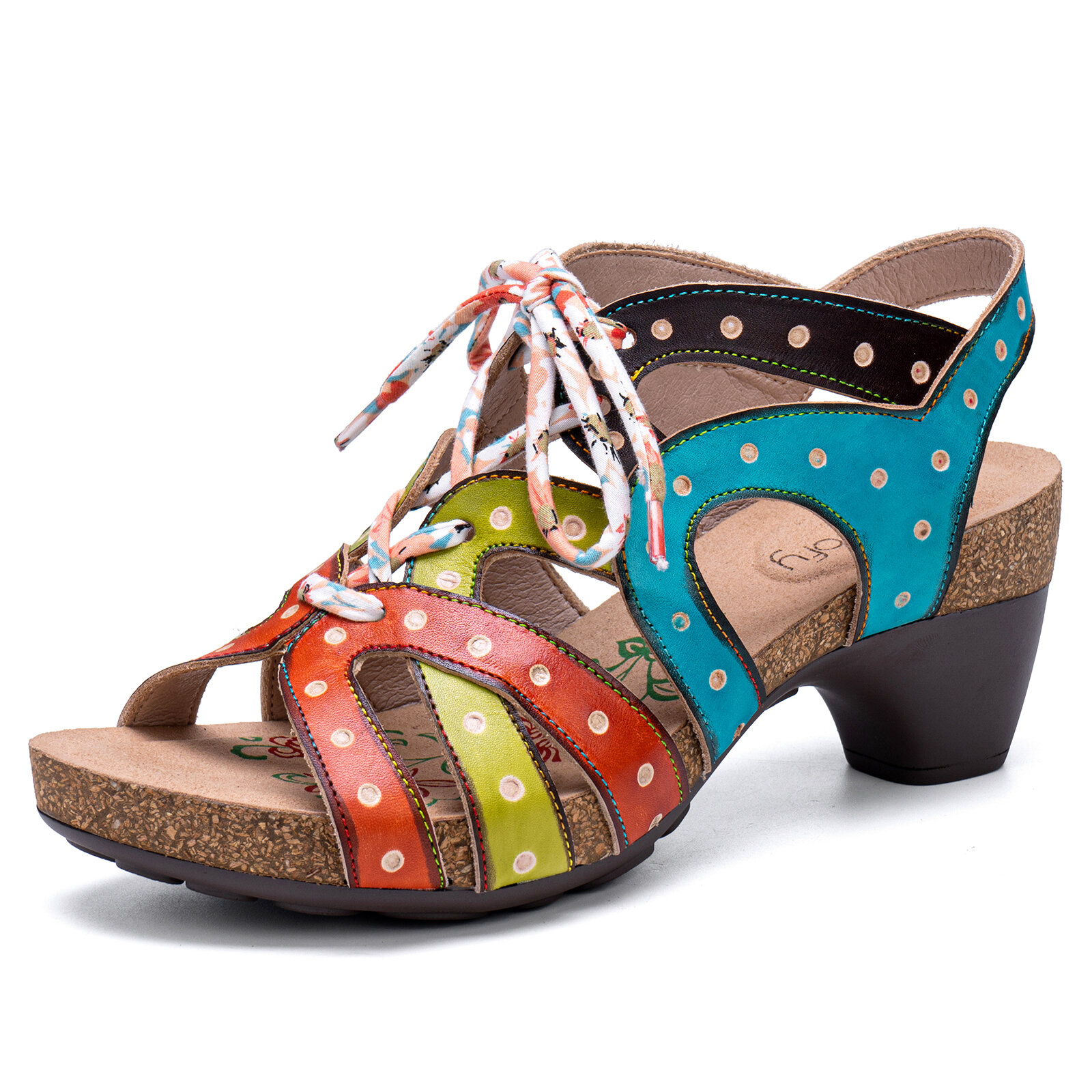 

Socofy Genuine Leather Casual Bohemian Ethnic Colorblock Comfy Lace-up Heeled Sandals
