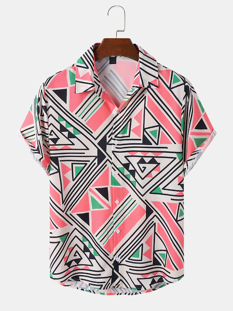 Men Geometric Contrast Short Sleeve Hem Cuff Soft Breathable Graceful Shirts
