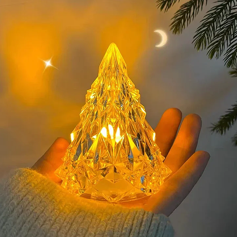 Imagen de Luz decorativa de árbol de navidad miniatura de cristal con luces LED sin llama para interiores, lámpara LED para decora
