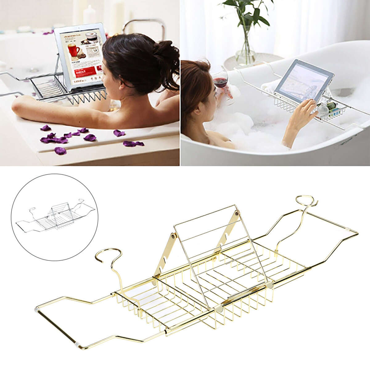 Bathroom Extendable Stainless Steel Bathtub Caddy Tray Commodity Shelf Rack for iPad Book Small Gadgets