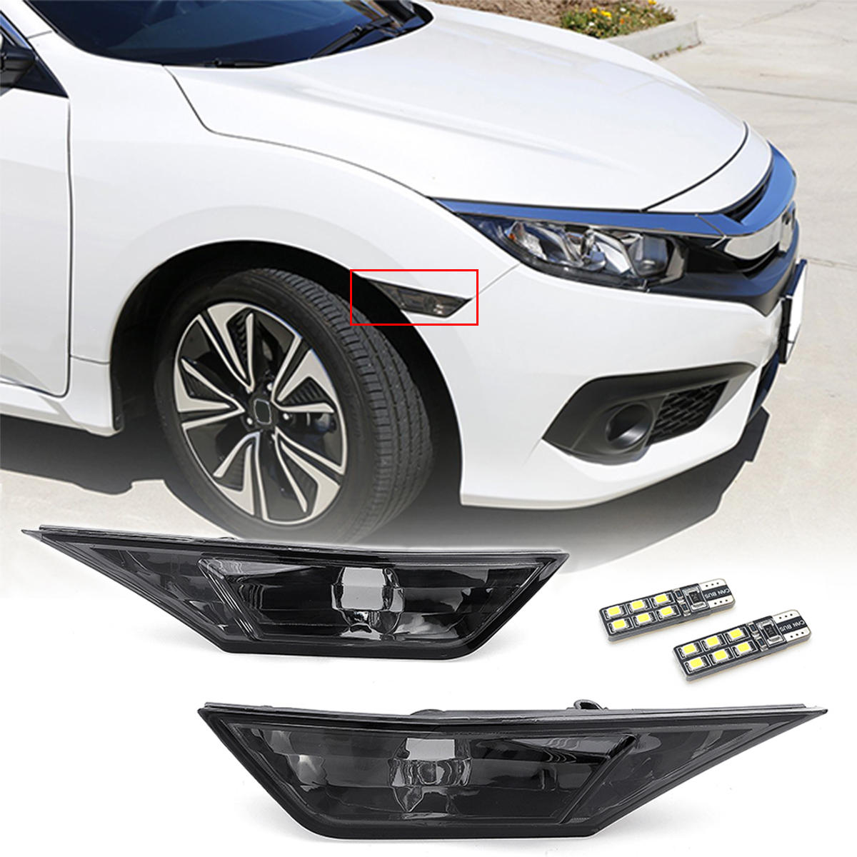 Paar gerookte zijmarkeringssignaallampen Vervanging met T10 LED-lampen voor Honda Civic 16-18