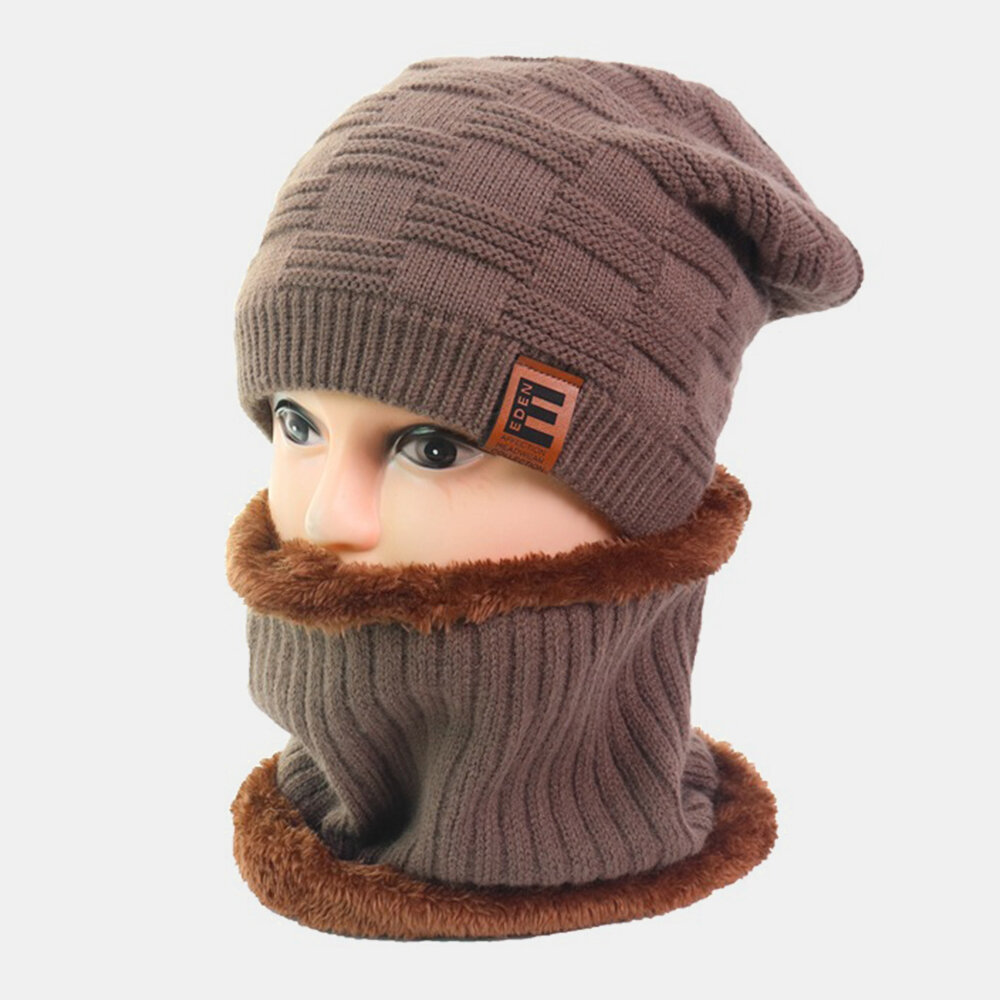 Men Wool 2PCS Plus Thicken Warm Daily Winter Outdoor Neck Face Ear Protection Beanie Knitted Hat Sca