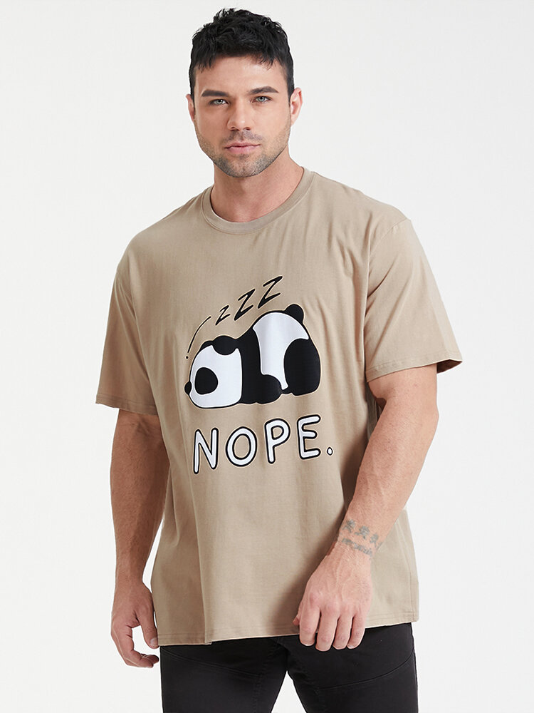Plus Size Mens Cartoon Panda Print 100% Cotton Short Sleeve T-Shirts