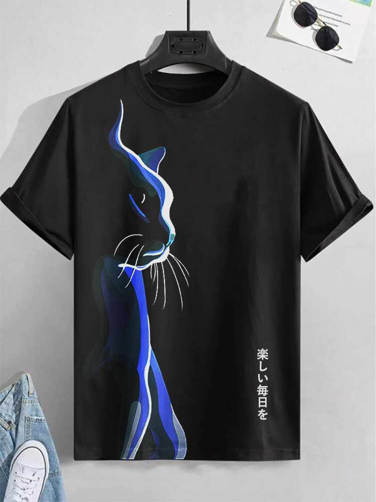 

Mens Cartoon Cat Japanese Print Crew Neck Short Sleeve T-Shirts