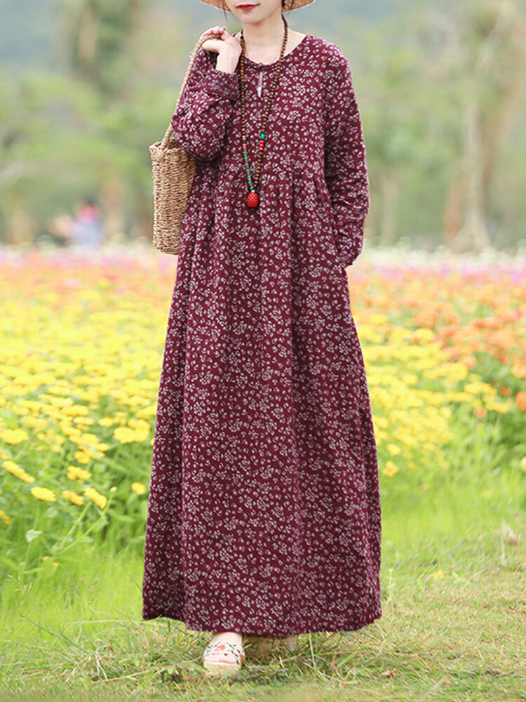 Women Floral Print O-Neck Long Sleeve Bohemian Holiday Maxi Dress With Pocket