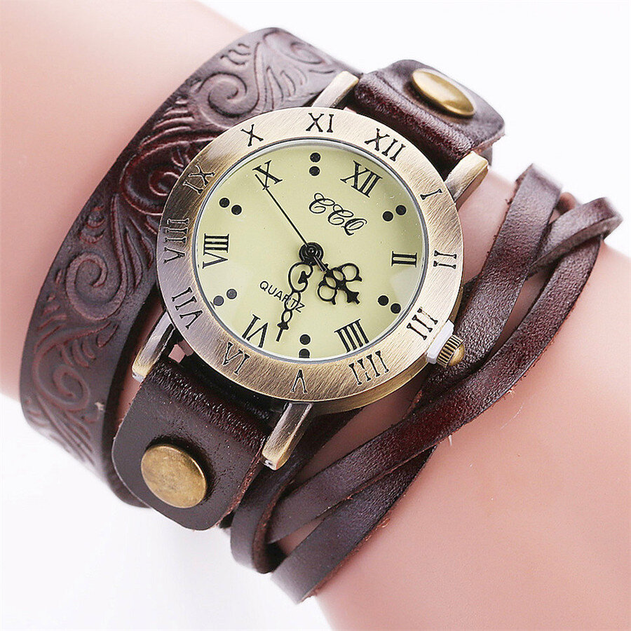 Vintage Retro Style Women Quartz Watch Cowhide Nicked Roman Numeral Leather Circle Wrist Watch