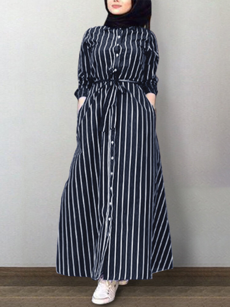 Women Vertical Stripe Lapel Kaftan Long Sleeve Shirt Maxi Dresses With Belt