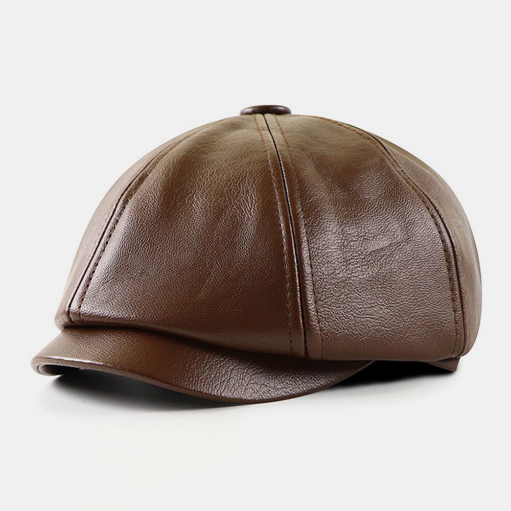 Men PU Leather British Retro Short Brim Octagonal Hat Winter Outdoor Casual Warm Windproof Flat Hat Painter Hat