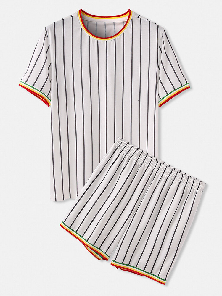 Heren verticale strepen korte mouw elastische taille thuis casual tweedelige pyjama set