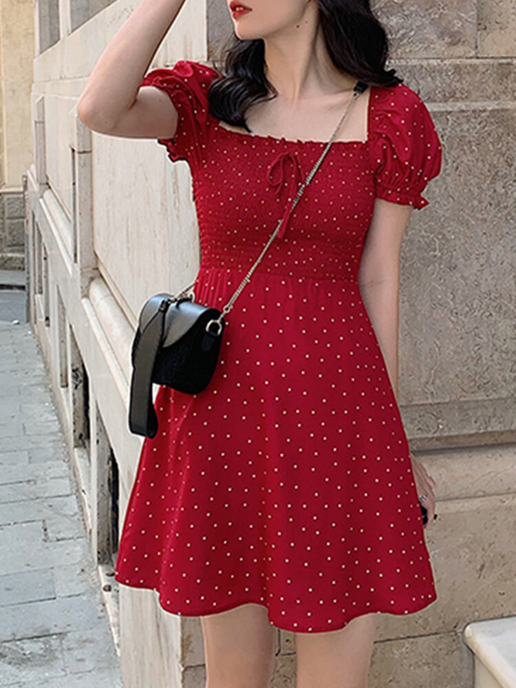 Puff Sleeve Floral Leisure Summer Holiday Dress For Women