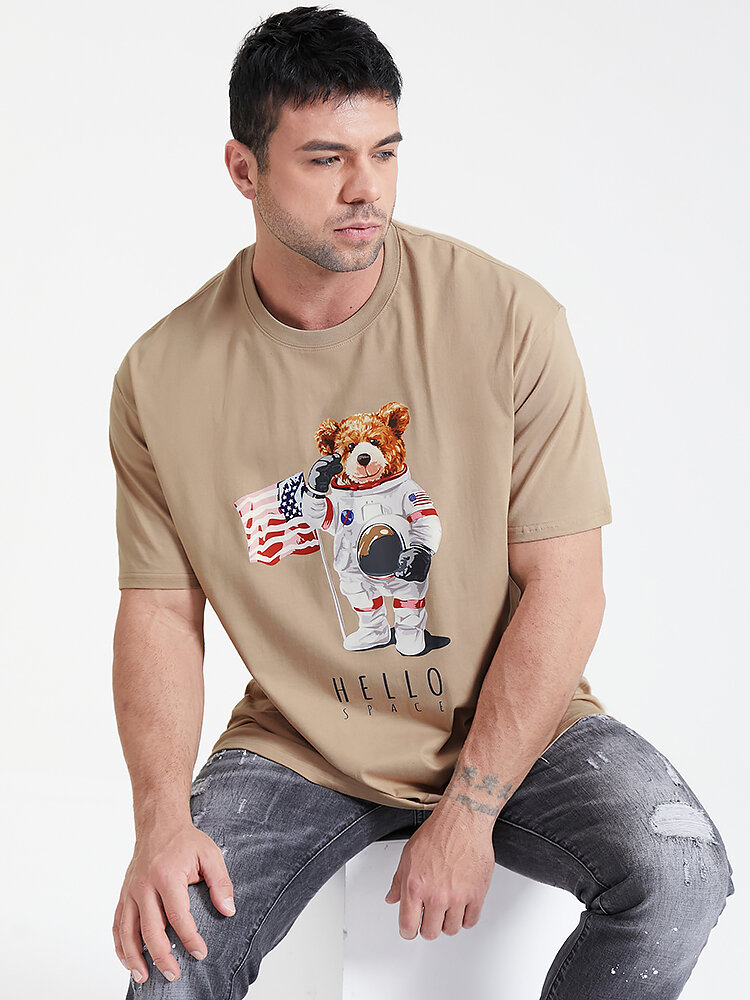 Astronaut Bear-T-shirt voor heren met grafische print, dunne, korte mouw Plus