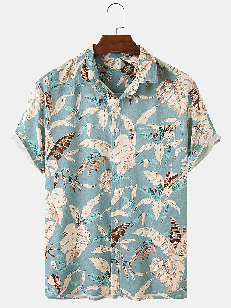 Hawaii Casual Heren Plant Print Reverskraag Shirts met korte mouwen