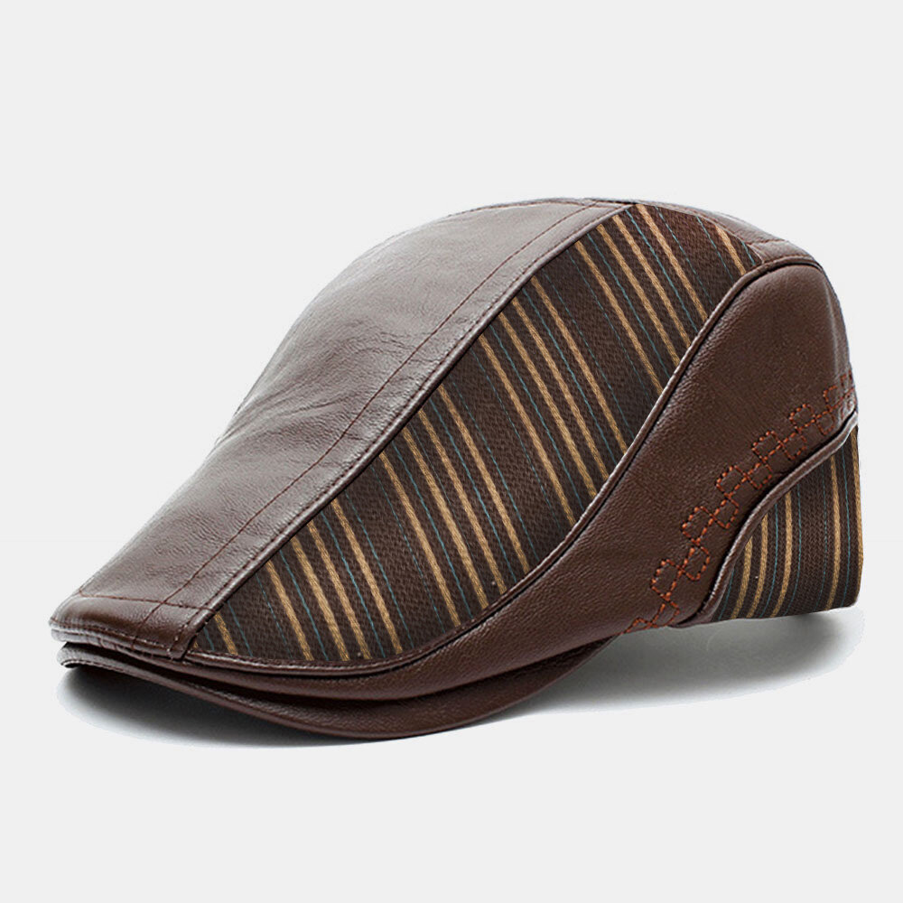

Men PU Leather Knit Stitching Stripe Pattern Berets Retro Adjustable Warm Forward Cap Peaked Cap