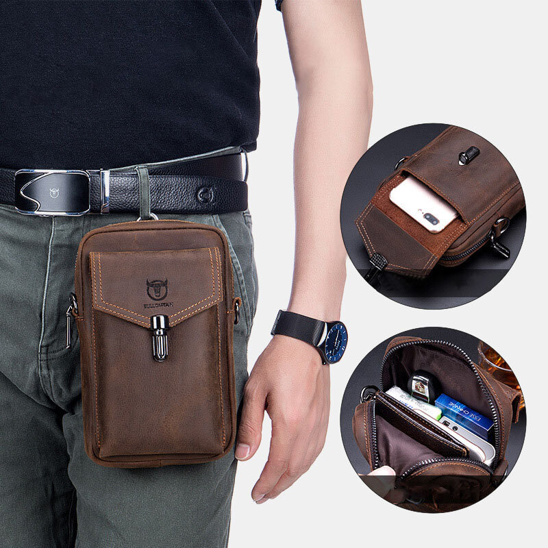 

Men Genuine Leather Retro Cowhide Multi-carry 7 Inch Phone Waist Bag Crossbody Bag With Belt Loop