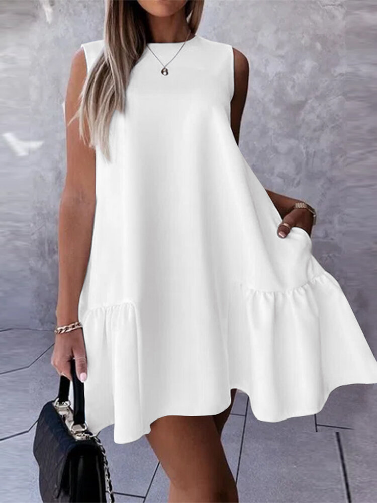 Women Solid O-Neck Sleeveless Pleated Casual Stylish Dress With Side Pockets