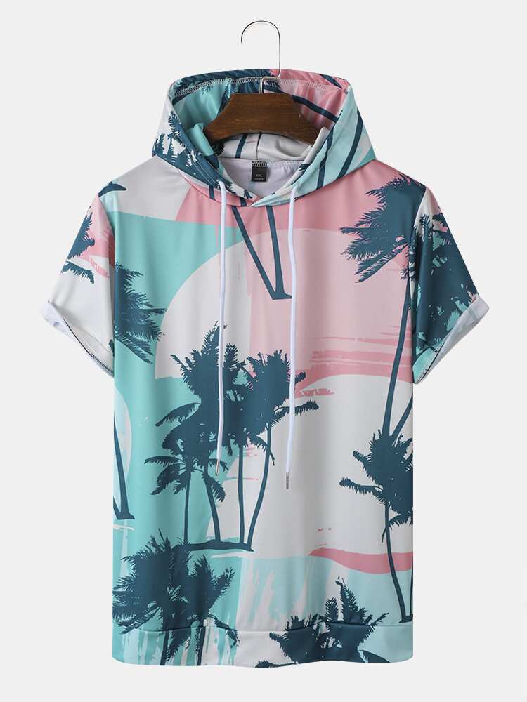 Men Coconut Tree Print Hooded Drawstring Short Sleeve Casual T-Shirts