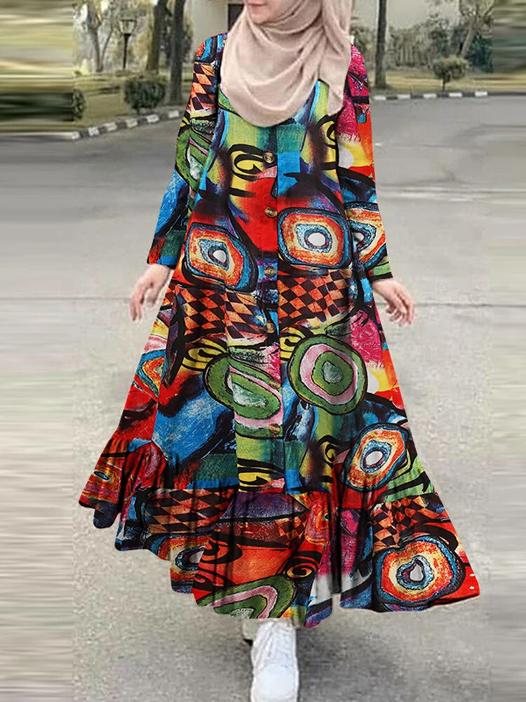 Women cotton color abstract printing loose robe casual ruffles hem bohemian maxi shirt dress