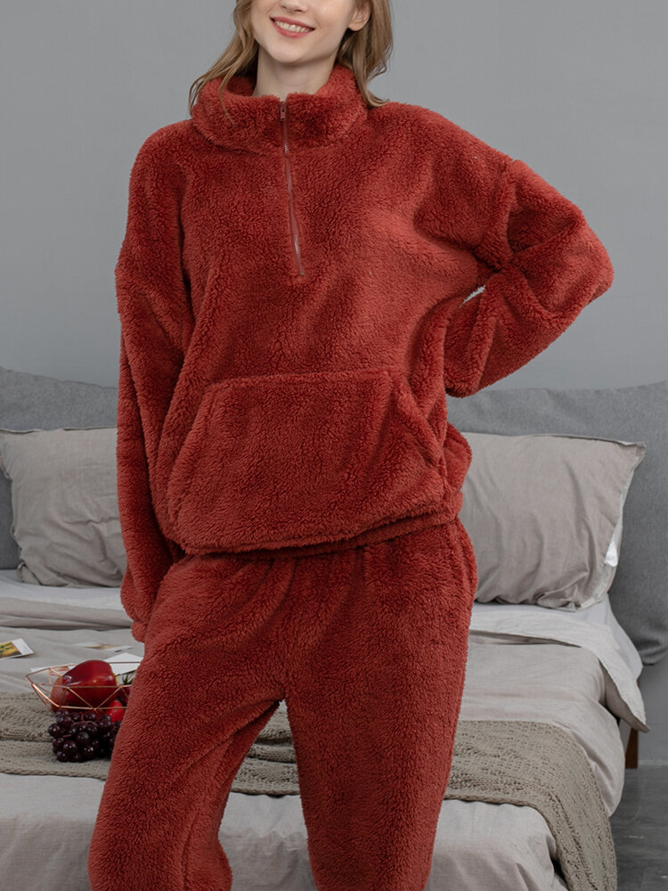 Women Solid Color Plush Fluffy Kangaroo Pocket Pullover Jogger Pants Home Pajama Set