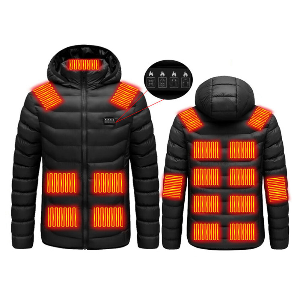Giacca riscaldata nera a 19 zone per uomo e donna, giacca riscaldata invernale tramite USB, 4 interruttori, controllo della temperatura a 3 marce, cappotto sportivo per esterni