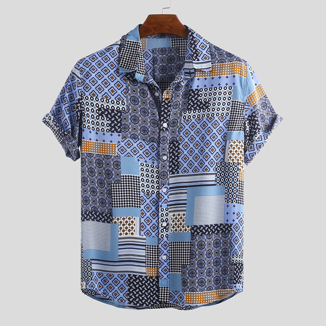 mens vintage ethnic pattern patchwork design summer shirts at Banggood