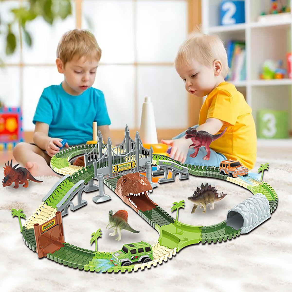 

Dinosaur Railway Toy Car Track Racing Track Toy Set Educational Bend Flexible DIY Assemble Race Track Car Toys for Child