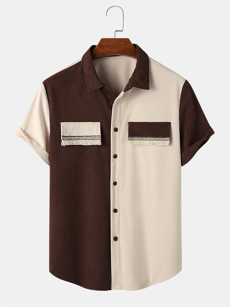 

Mens Two Tone Patchwork Tassel Detail Corduroy Short Sleeve Shirts