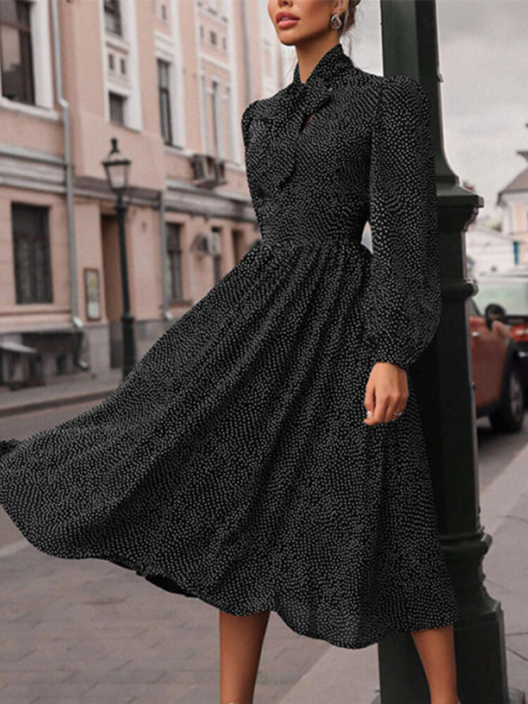Women Vintage Polka Dot Print Knotted Big Swing Casual Long Sleeve Dress