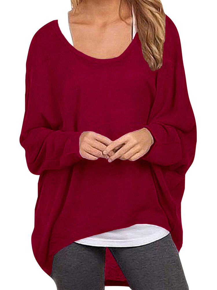 Womens Bat Sleeve Round Neck Loose Solid Color Pullover Plus Size Casual Shirt T-shirt