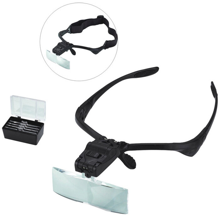 9892B 1.0/1.5/2.0/2.5/3.5X Headband Magnifier Magnifying Glass Eye Repair Loupe 2 LED Light with 5Pc