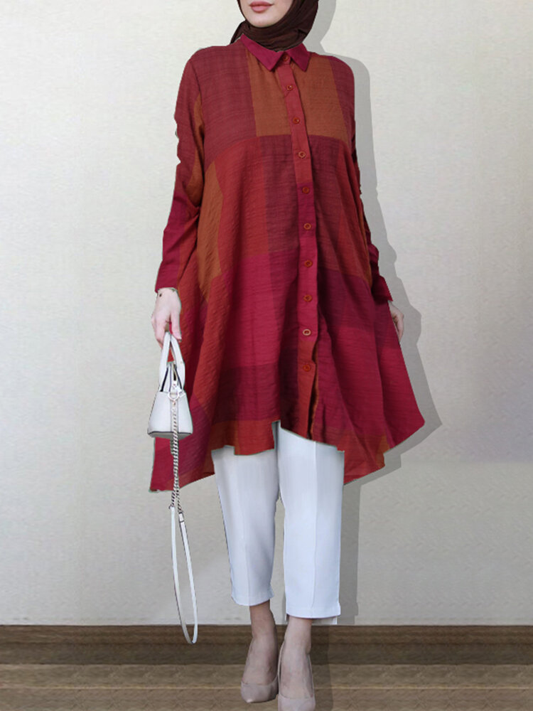 Women Plaid Printed Lapel High-low Hem Long Sleeve Kaftan Robe Blouses