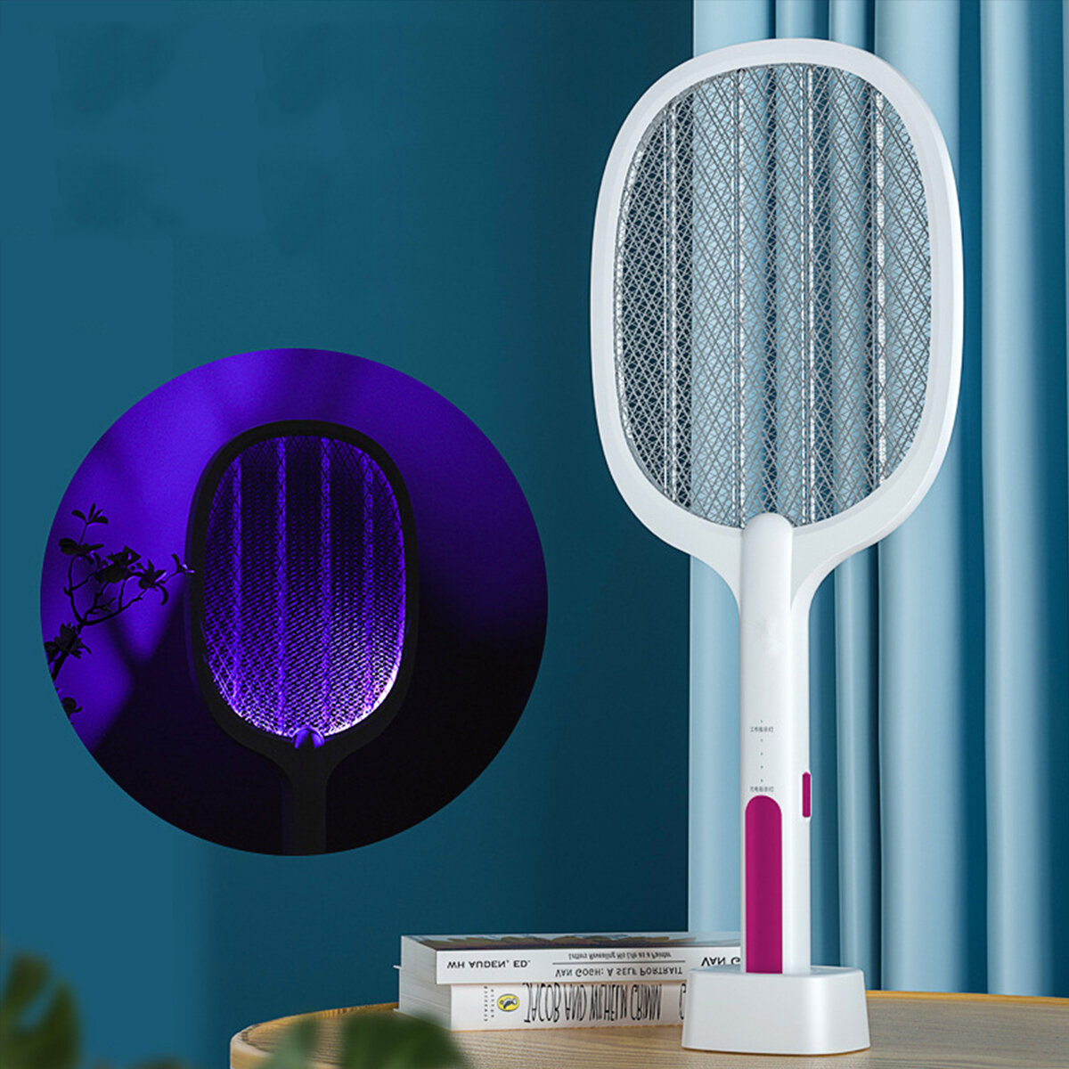 Mata-mosquitos elétrico de 3000V com lâmpada UV, sem fio, carregamento USB, armadilha para moscas e mosquitos para acampamento, casa, raquete de insetos.
