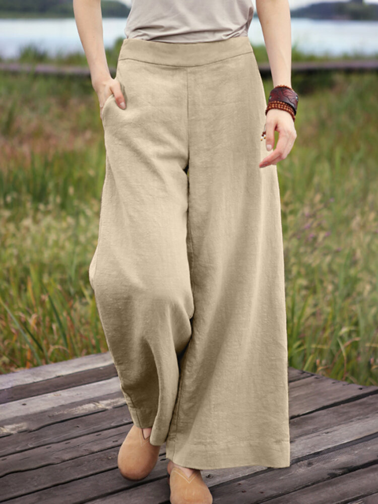 

Women Pure Color Casual High Elastic Waisted Plain Wide Leg Pants With Pocket