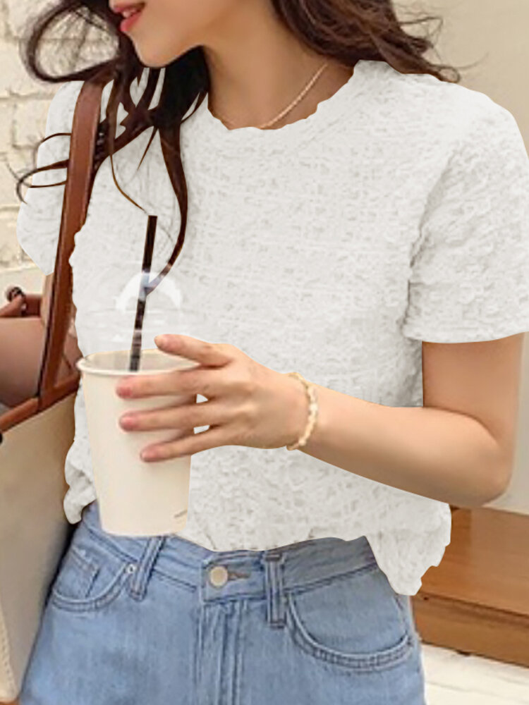 Solid Short Sleeve Round Neck Casual Texture Material Blouse