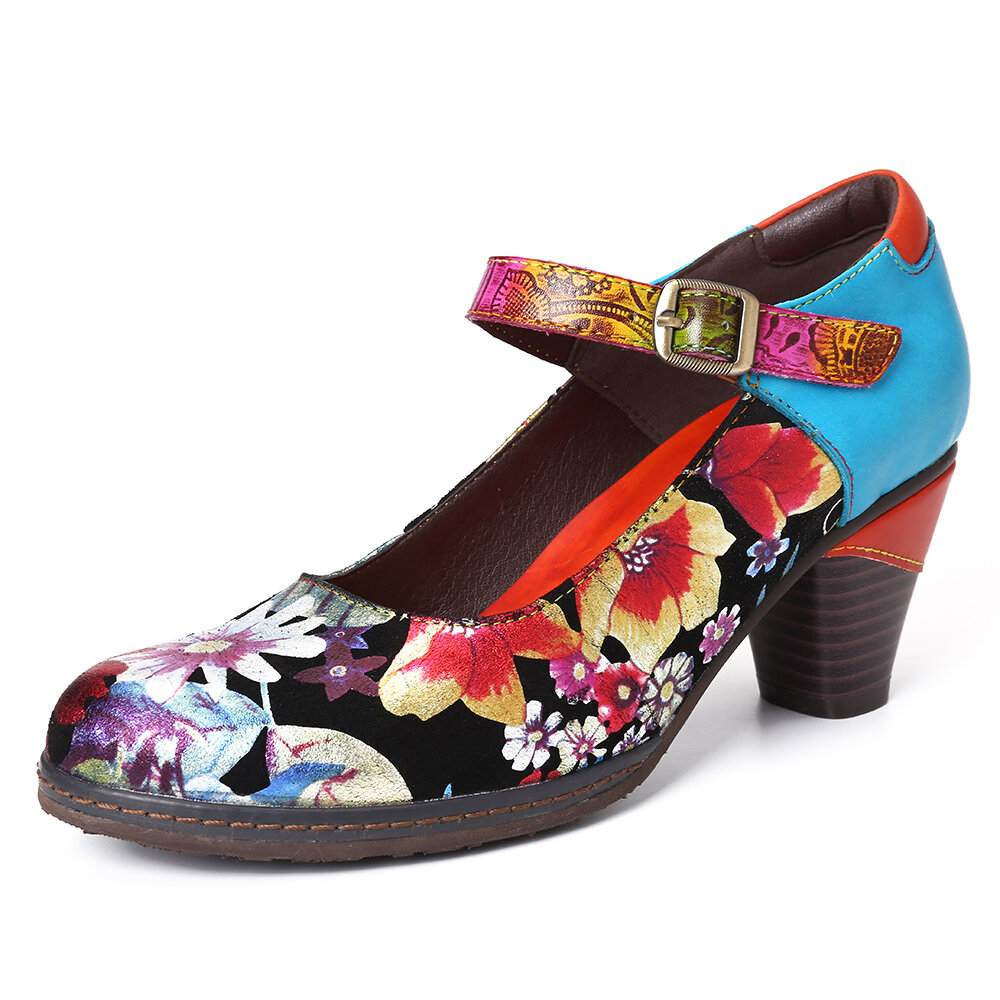 

SOCOFY Painted Sunflowers Genuine Leather Elegant Ankle Buckle Strap Mary Jane Pumps