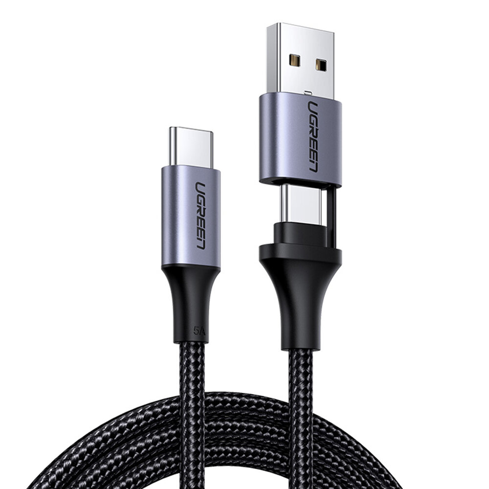 UGREEN US314 2-In-1 PD 100W Fast Charing Cable Type-C to USB 2.0 / Type-C Data Cable 5A 480Mbp/s 1M 
