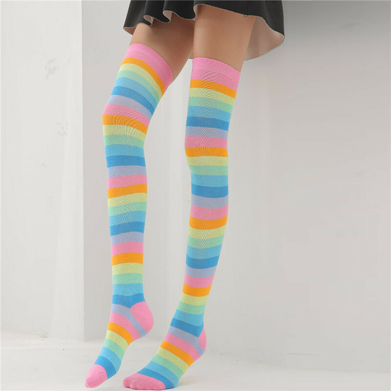1 X Pair VONDA Womens Striped Thigh Knee High Long Rainbow Girls Socks Stocking, Banggood  - buy with discount
