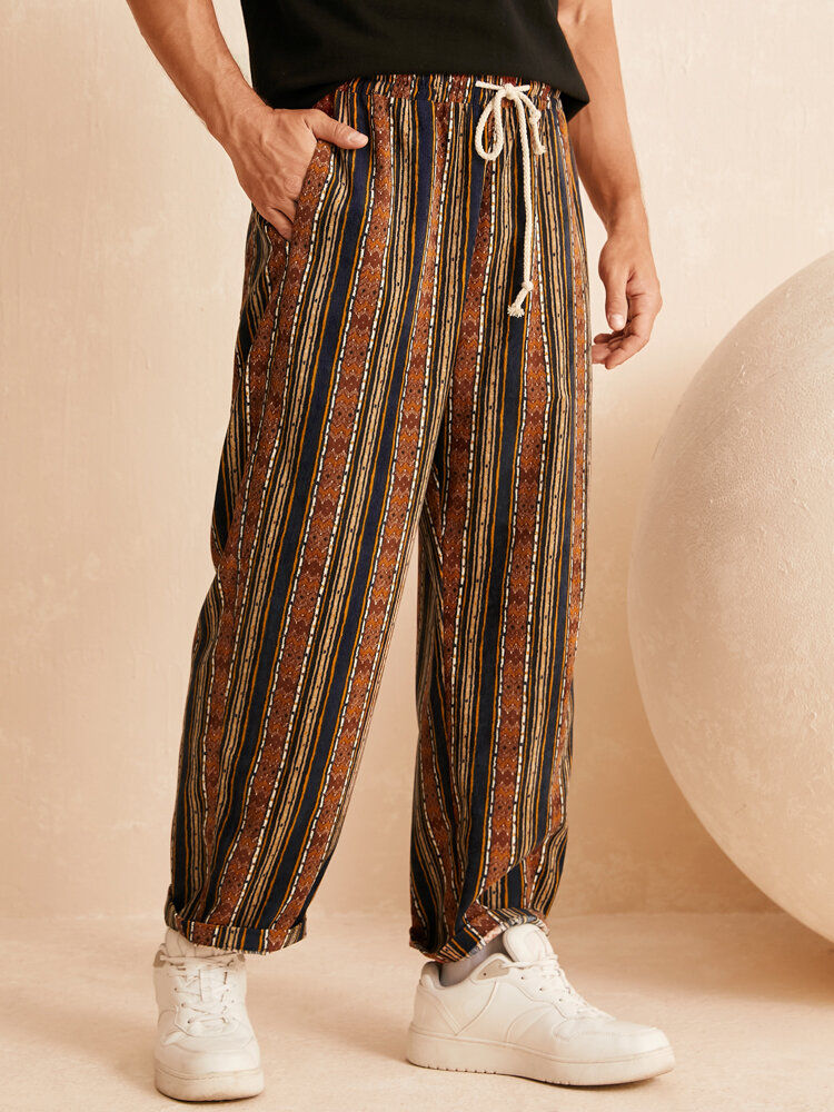 Men Ethnic Style Striped Loose Drawstring Waist Casual Pants