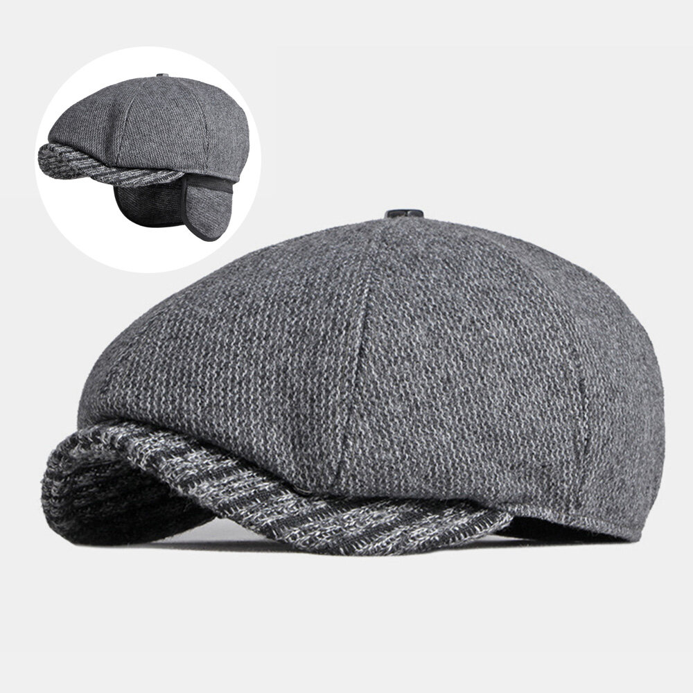 Men Woolen Thicken Warm Octagonal Hat British Fashion Ear Protection Earmuffs Windproof Newsboy Hat 