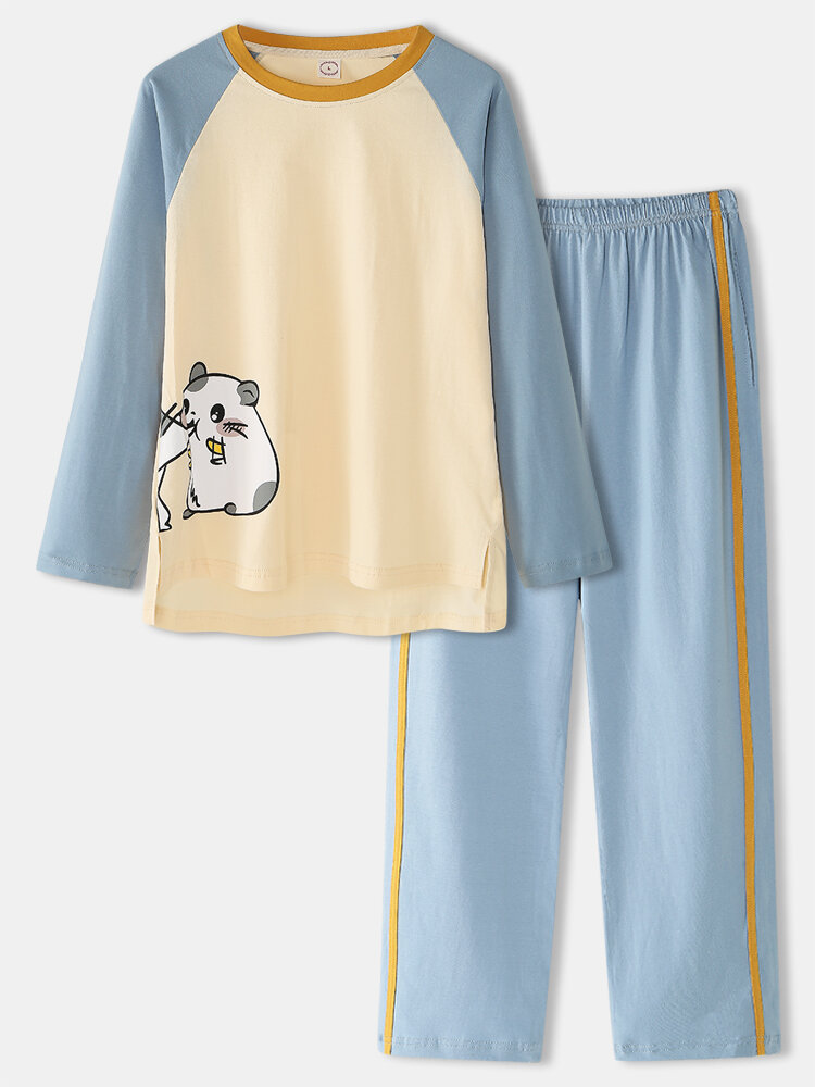 Dames Katoenen Cartoon Animal Print Raglanmouwen Trui Elastische Taille Thuis Pyjama Set Met Zak