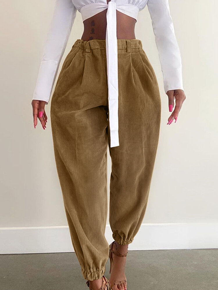 Women Corduroy Loose Solid Color Side Pockets Zipper Buttons Maxi Length Pants